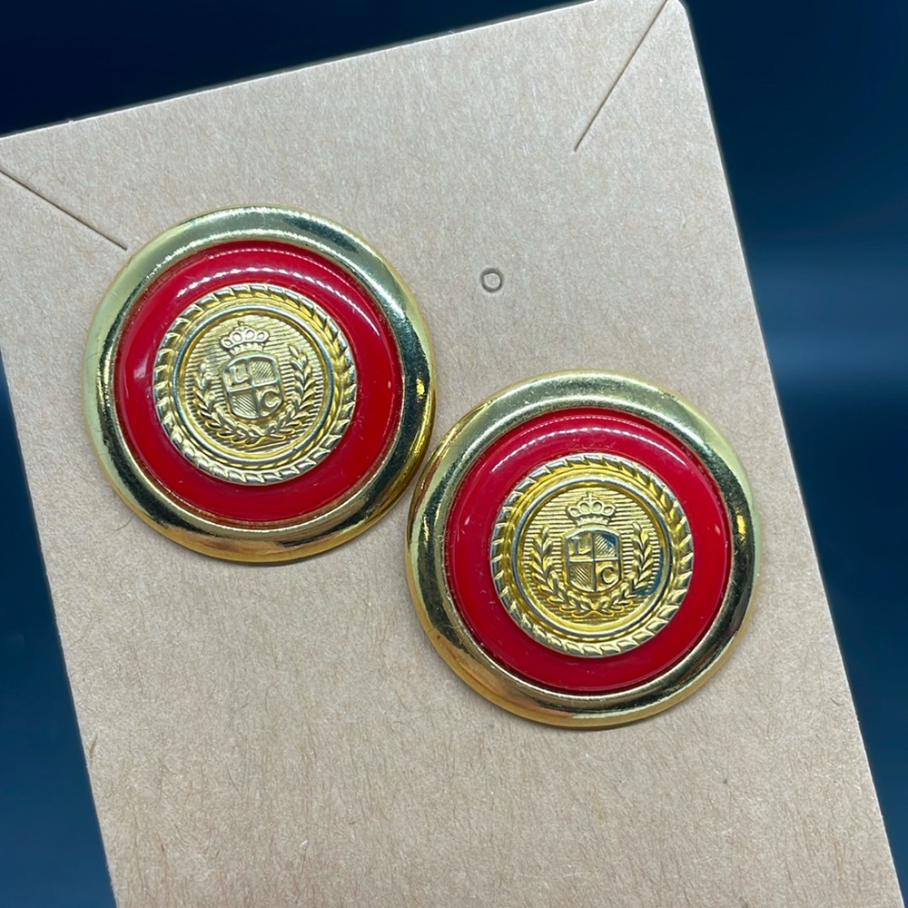Vintage 90’s Liz Claiborne crest red and gold coin nautical earrings